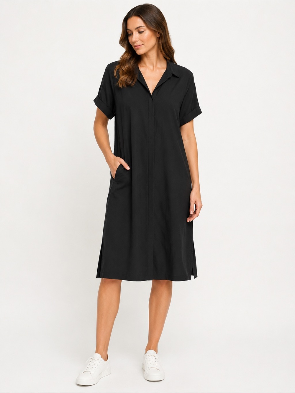 387. NIC+ZOE Black Short-Sleeve Midi Shirt Dress